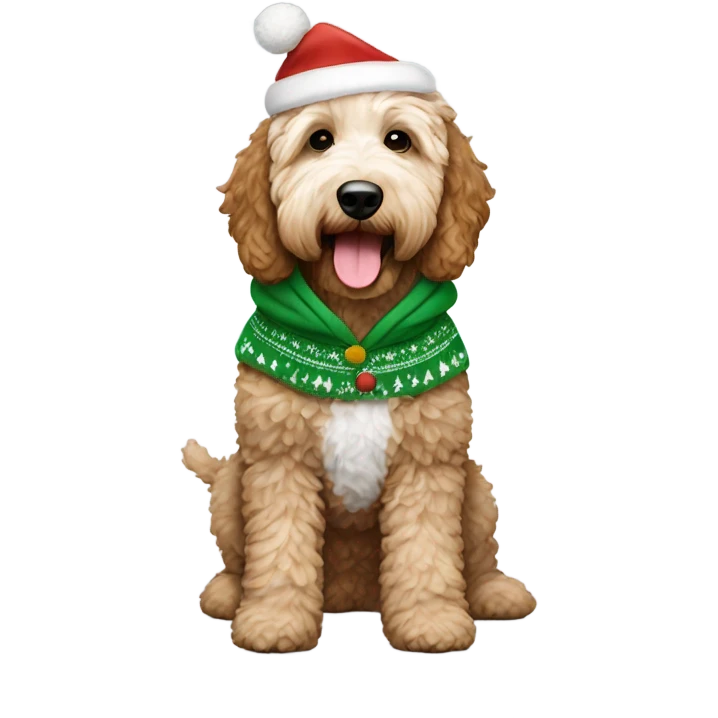 White and brown goldendoodle in a Christmas hoodie emoji