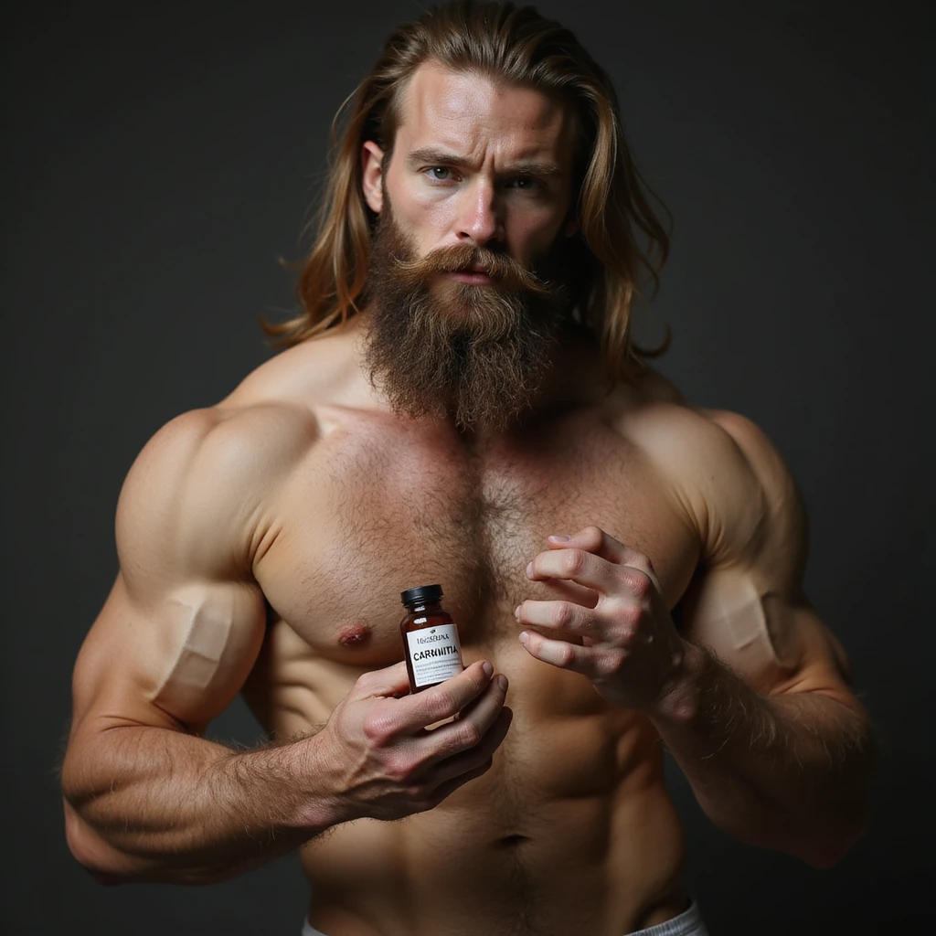 long-haired bodybuilder, hyperrealistic, holding a vial labeled 'CARNITINA', 4k quality emoji