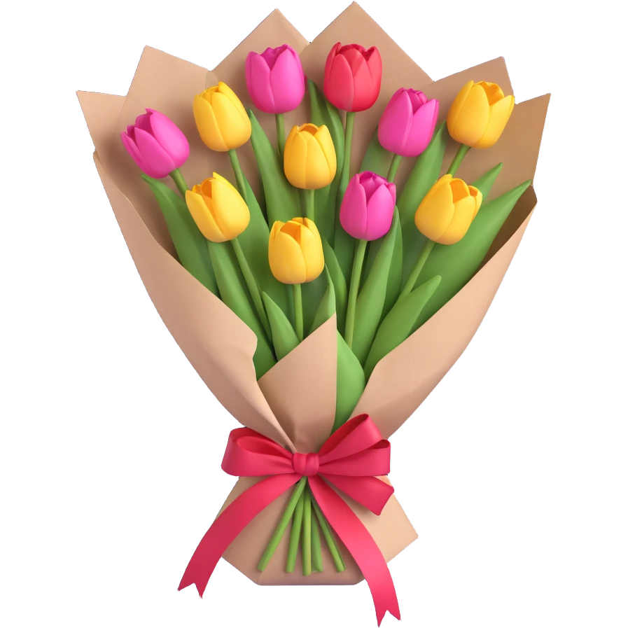 A bouquet of pink tulips wrapped in paper with a pink ribbon, including a small envelope with a heart on it. emoji
