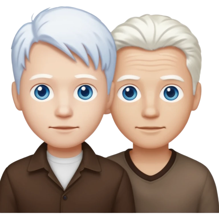 Two guys standing together, one is an albino with striking blue eyes and pure white hair, the other has dark brown hair and warm brown eyes, simple cartoonish emoji style emoji