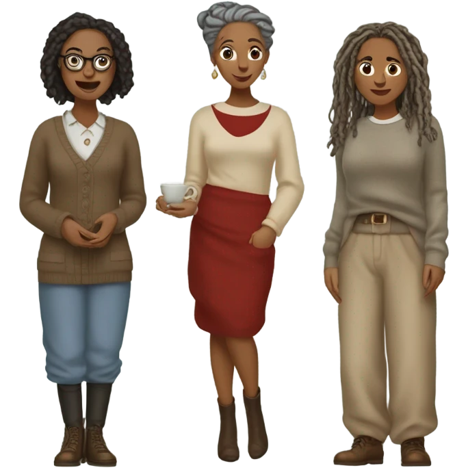 2 women, woman with gray locs, wearing pants , other woman is brown with red locs, in a knee-length dress with a cozy sweater, looking at antique items, such as a vintage lamp or an old teacup, with a table full of trinkets in the background emoji