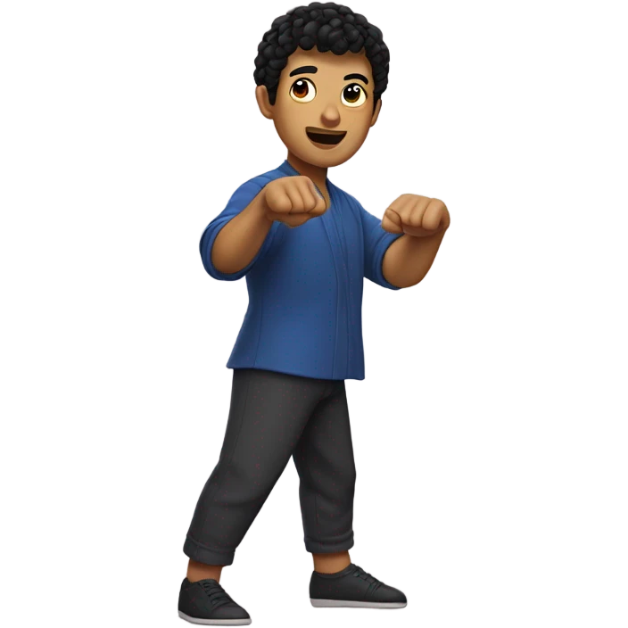 man with short curly black hair with bangs, hands are striking a kung fu greeting pose emoji