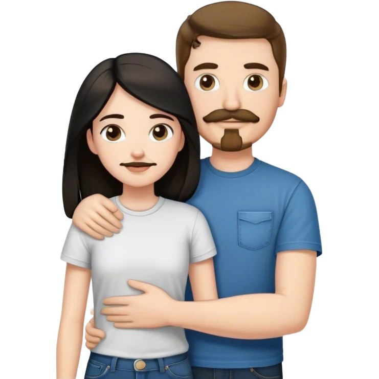 tall white guy with brown hair goatee mustache wearing t-shirt and jeans hugging a shorter white girl with long black hair emoji