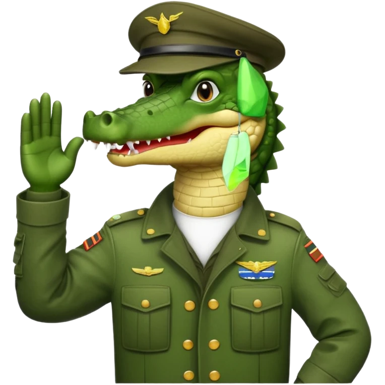 Crocodile in army jacket saluting.

















 emoji