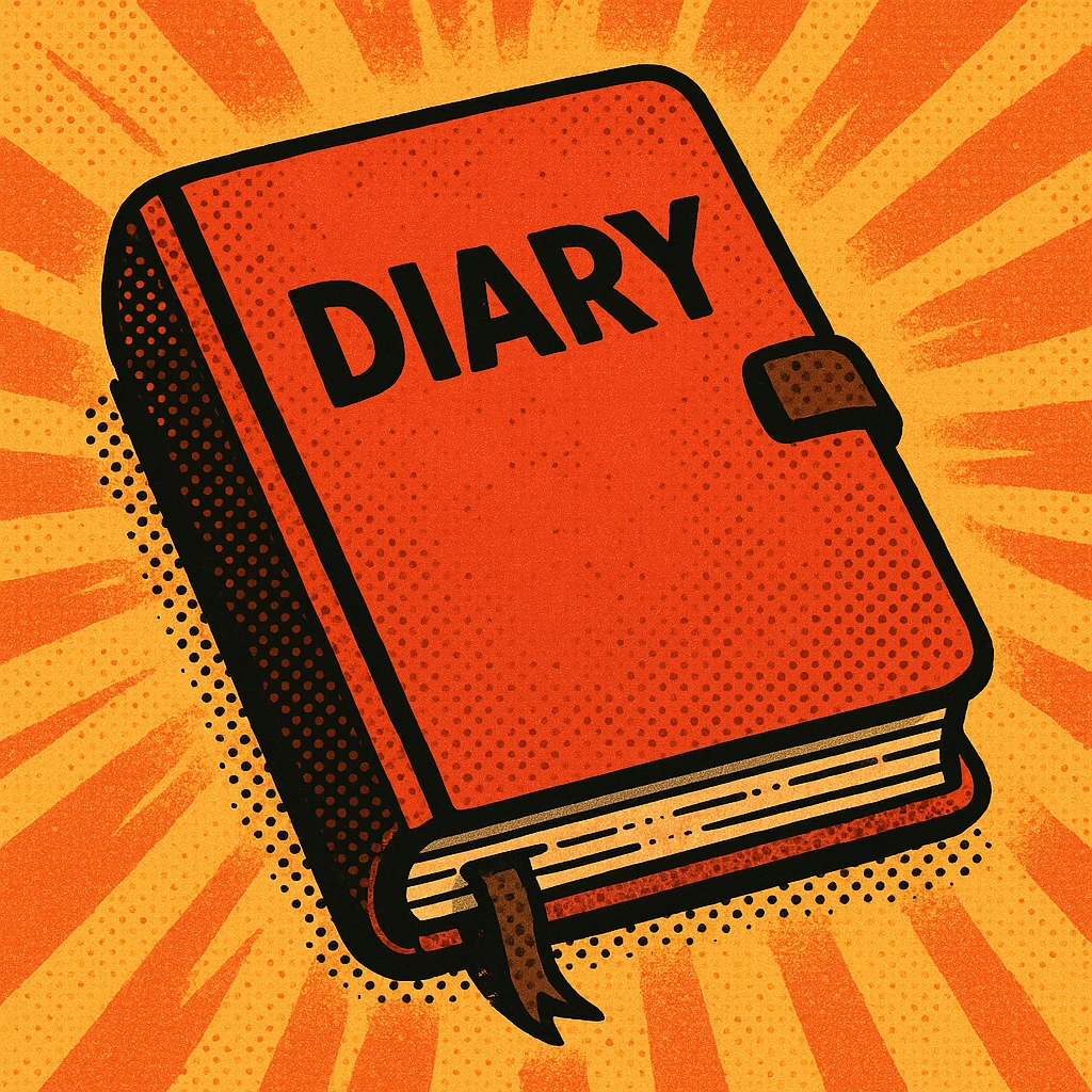a diary, old school comic book style, halftone shading emoji