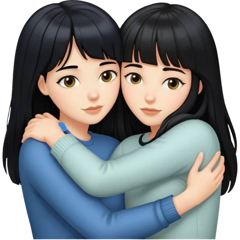 two white girls with long black hair hugging each other, one with bangs emoji