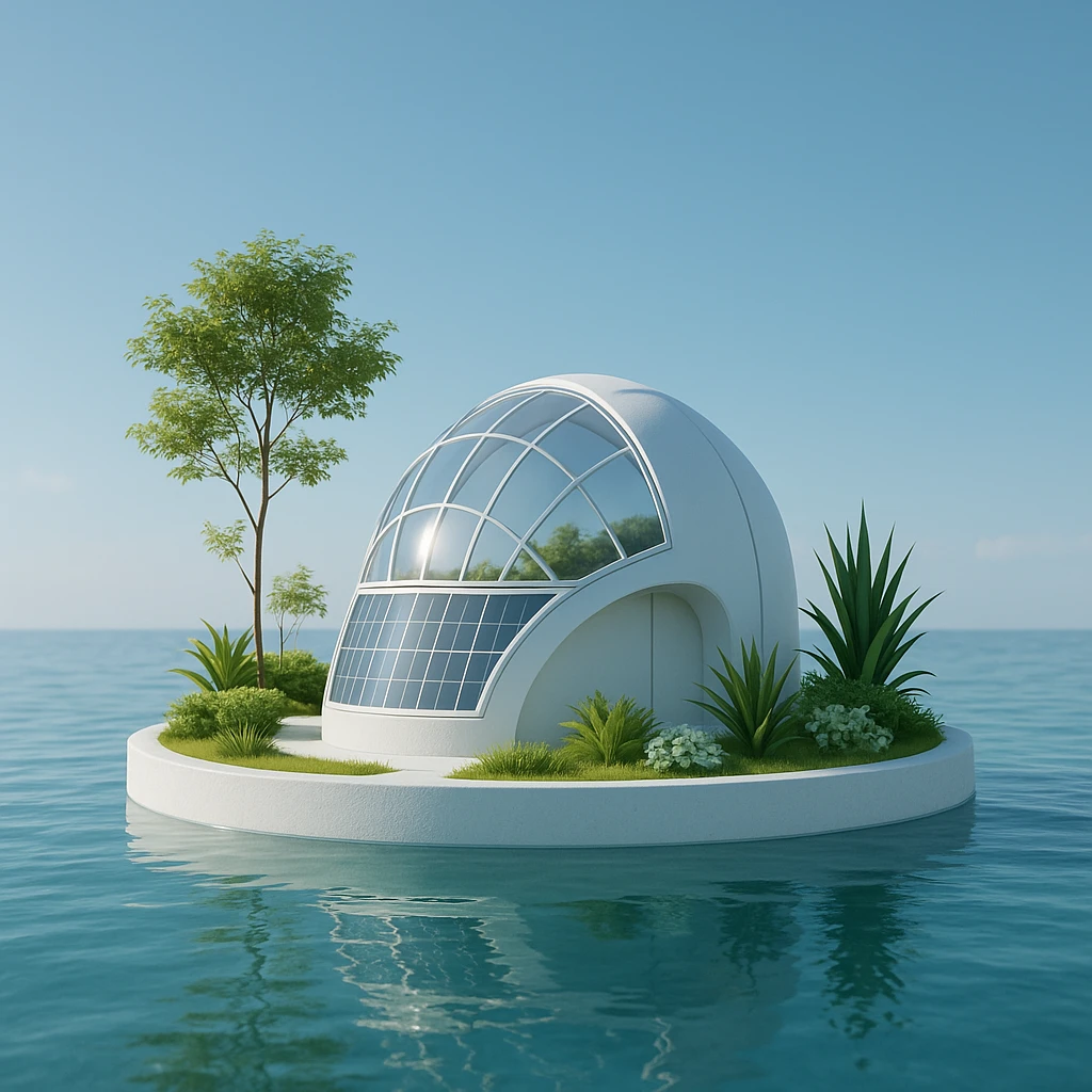 smallest possible solarpunk island, minimalist architecture, one solar dome, a few plants, surrounded by water, clean and futuristic emoji