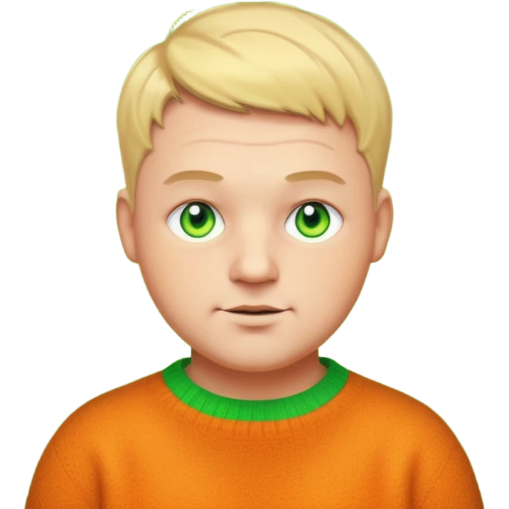 plump 30s man, short cropped hair, unique dark yellowish-orange wool jumper, glowing bright green neon eyes, emoji style emoji