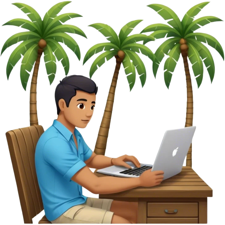 A digital nomad in bali working on a laptop wearing a tropical blue shirt with a palm tree on the side emoji