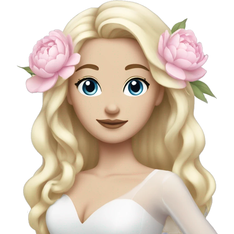 White bride with long light blonde hair and blue eyes with light pink peonies in hair white skin  emoji
