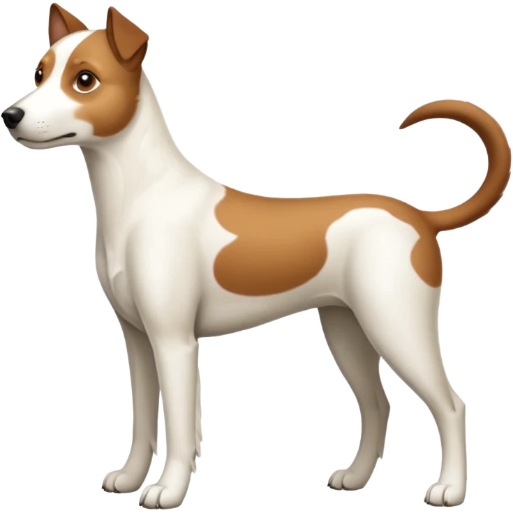 a full body large white parson russell looking dog the size of a kelpie with light brown ears and a light brown patch on one eye and a large snout emoji