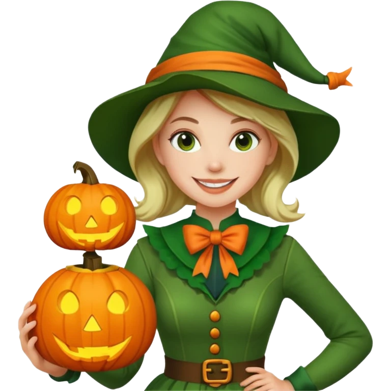 Woman Hunter With Jack o Lantern, wearing green costume, with bow emoji