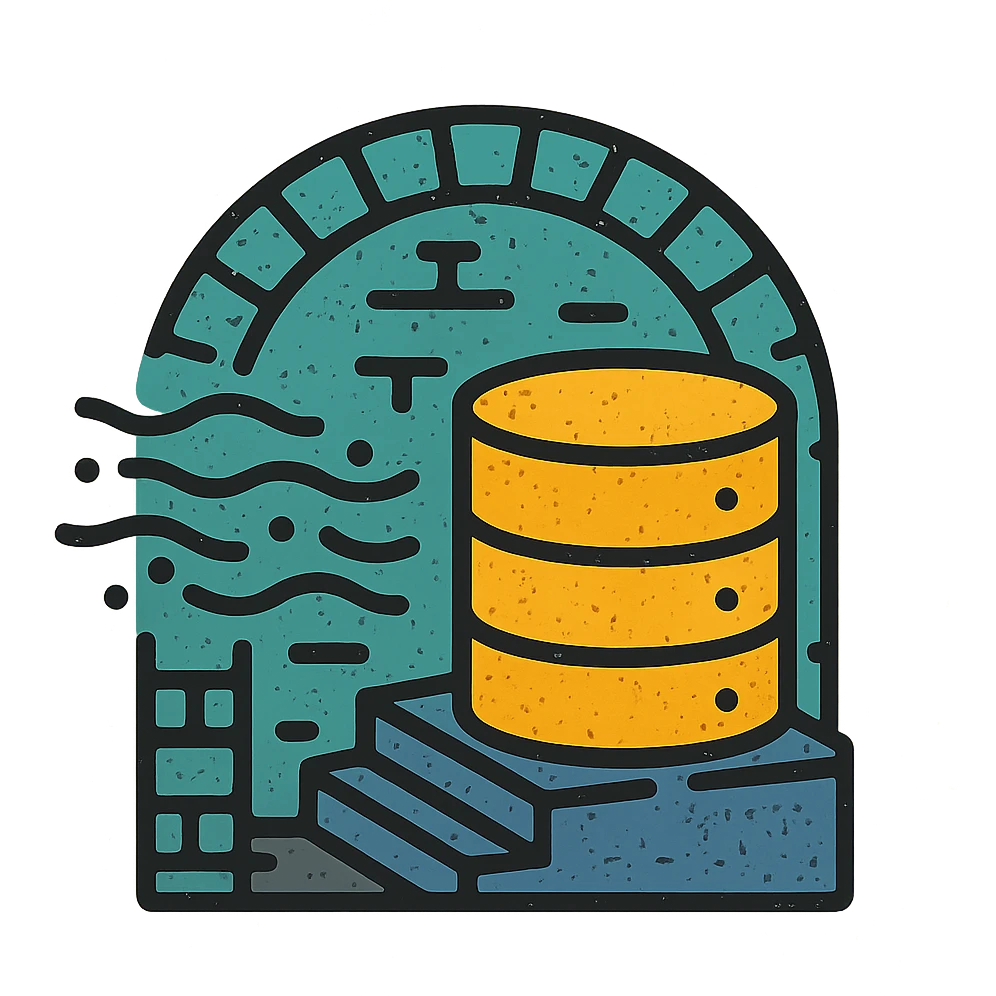 stacked database cylinders in a basement or underground setting with arched brickwork, stairs, or stone walls, flowing abstract data streams with lines, dots, or waves, worn and distressed effect, detailed icon emoji