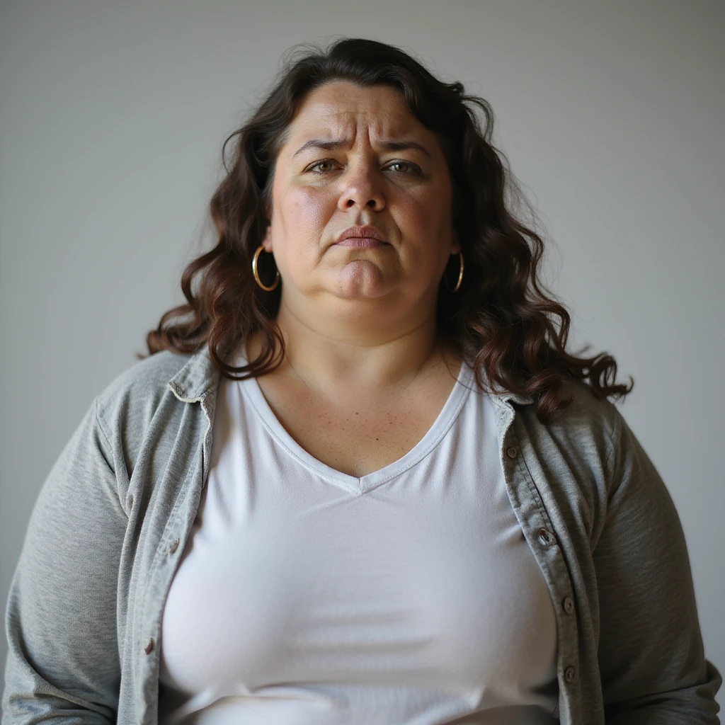 hyperrealistic 4K vertical 9:16 portrait of an overweight woman with a tired or frustrated expression, difficulty losing weight, isolated white background emoji