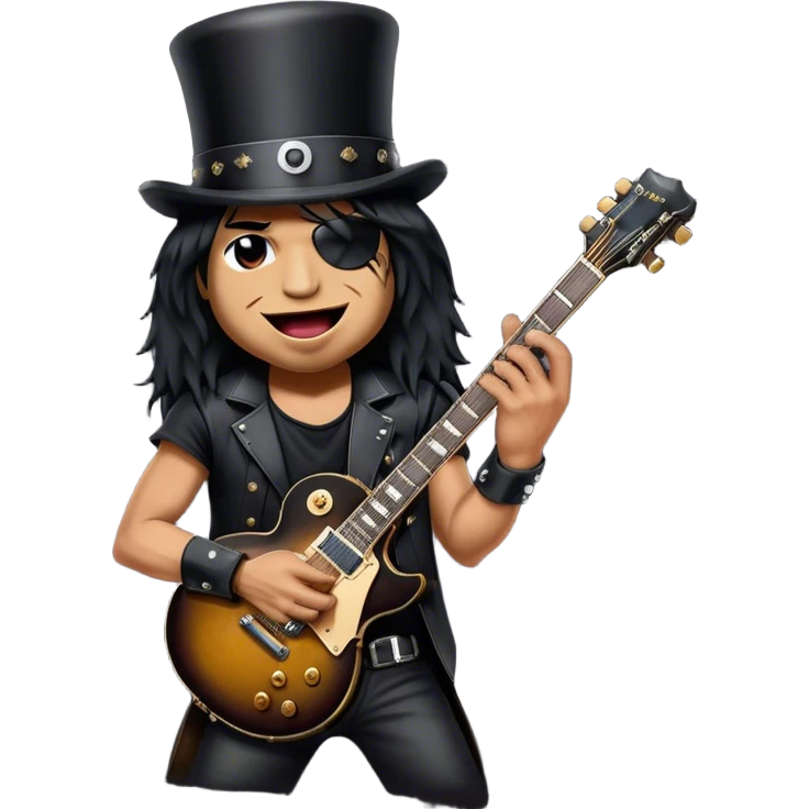 Create a bold and iconic emoji representing Slash with his Gibson guitar. The design should feature Slash wearing his signature black top hat (cylinder) and holding his famous Gibson Les Paul guitar. Make sure to capture his distinctive smudged, smirking expression, with a slightly tanned or smuggled face and large lips. The guitar should be positioned in a rockstar pose, with dark, metallic colors like black and gold to reflect the classic rock aesthetic. The background should be transparent, with a hint of stage lighting to enhance the rock vibe. emoji
