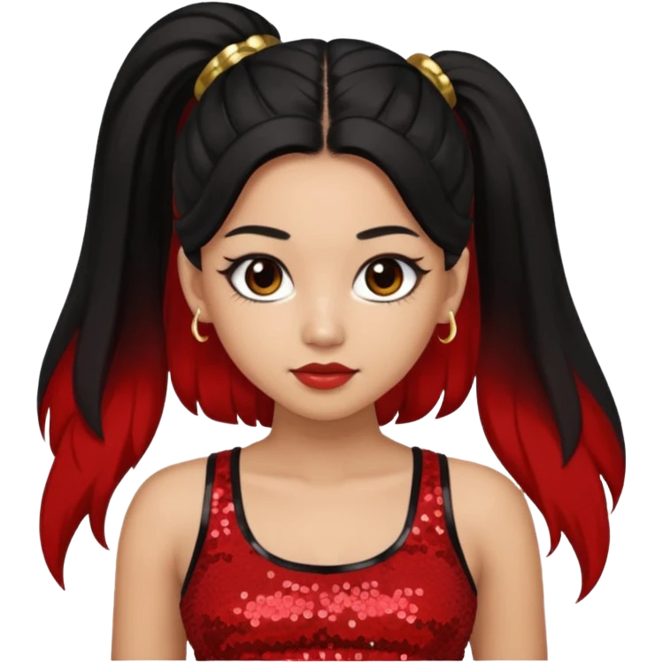 Jade from Bratz with long black ponytail hair, light skin, brown eyes, red sequin crop top emoji