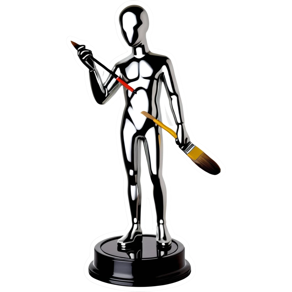 A paintbrush transforming into a silver human silhouette sculpture, symbol of artistic identity, with a gleaming silver metallic finish emoji