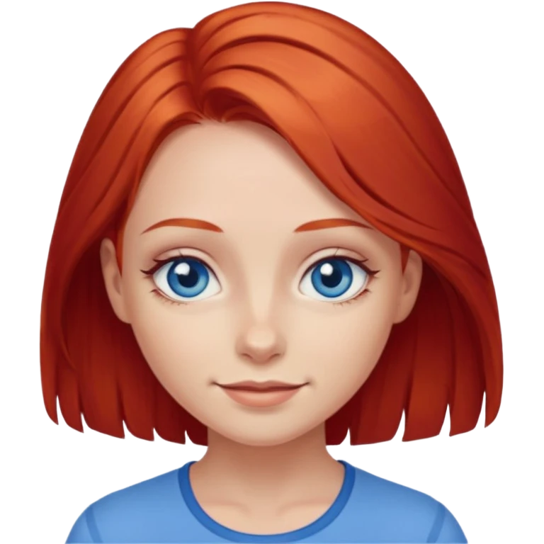 A girl with red hair and intense blue eyes. Delicate dark circles under her eyes give her a slightly tired look, and her smile belies any fatigue. emoji