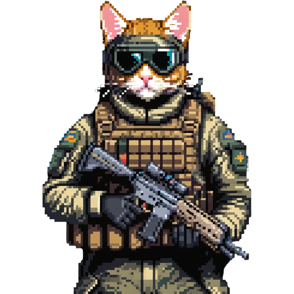 Simple pixel art of man with goggles in tactical gear holding gun and cat emoji
