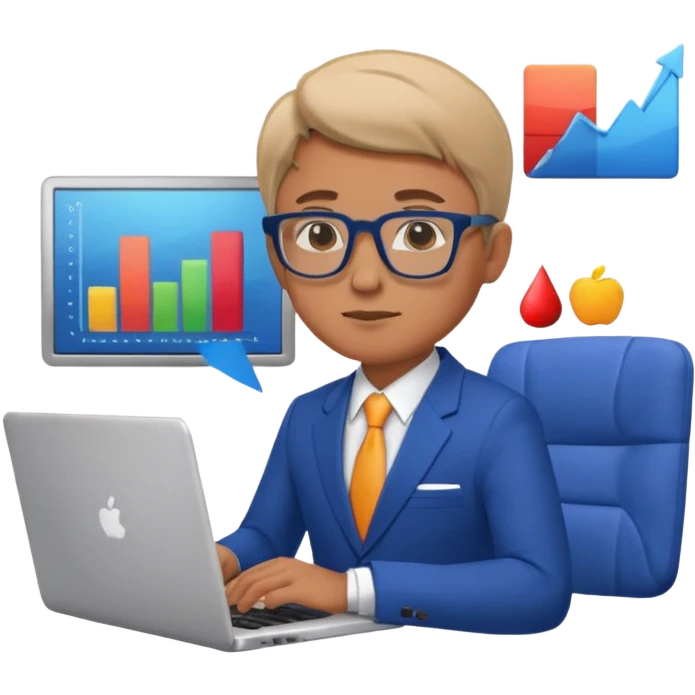 bussiness man technologist working on a laptop watching graphics emoji