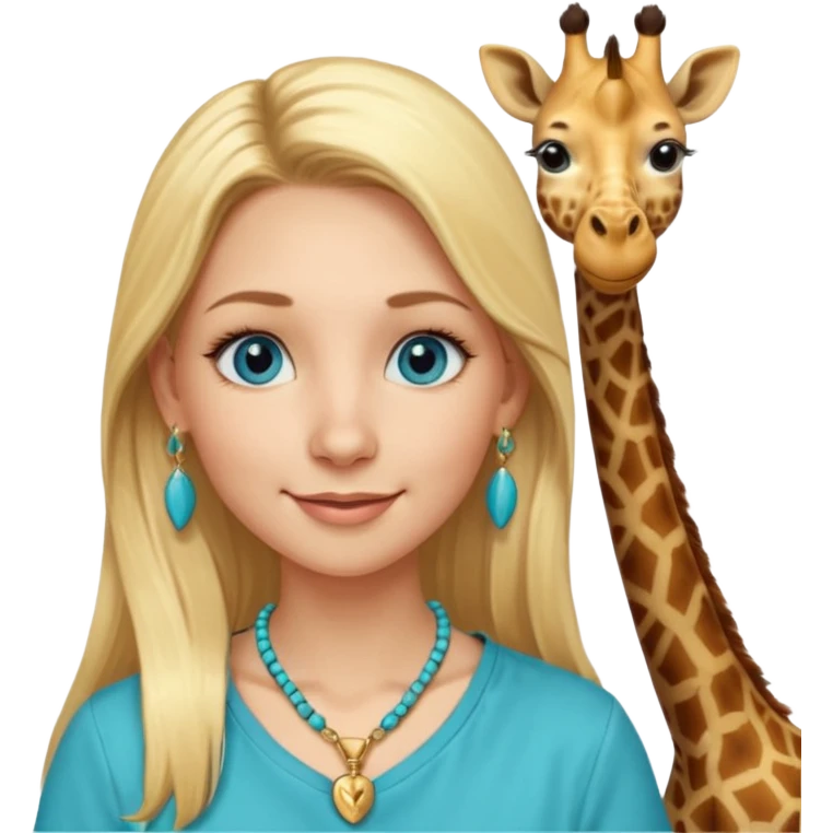 Swedish girl blonde long straigt hair blue eyes turqoise shirt gold earings, girrafe necklace gold small, very long lashes smiling closed mouth,  emoji