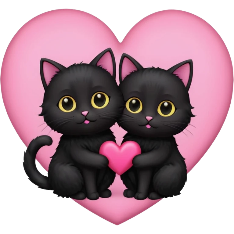 cute two black cats love, pink heart emoji