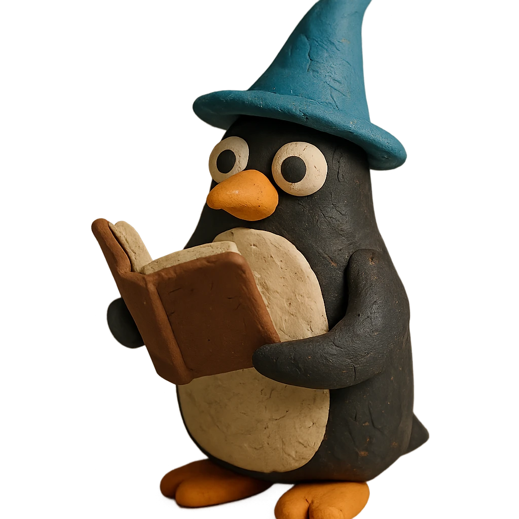 claymation style penguin wizard with a pointy hat and book emoji