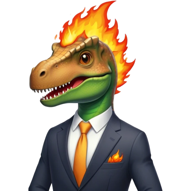 office dinosaur in a suit on a fire emoji