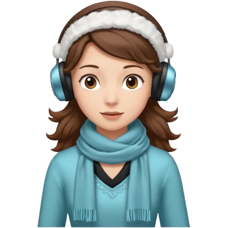 Victorian ice skater in a long dress. She is wearimg a scarf and earmuffs. She has boriwn hair. emoji