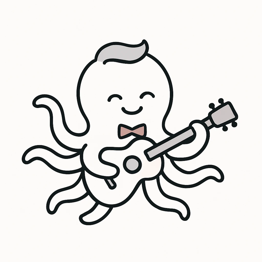 happy octopus with multiple arms playing guitar emoji