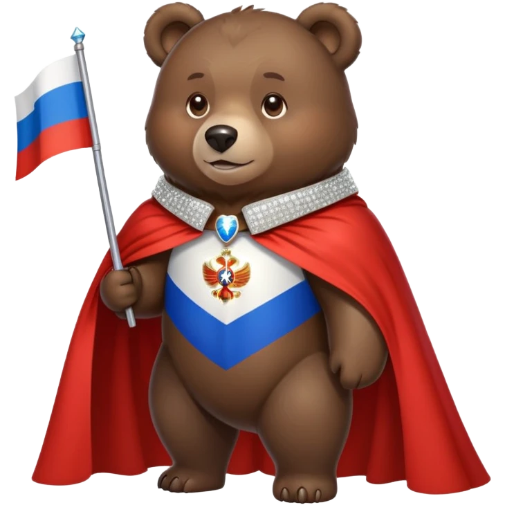Medium-dark brown bear on all four legs with a sparkling diamond collar or necklace around its neck, Russian flag cape on its back emoji