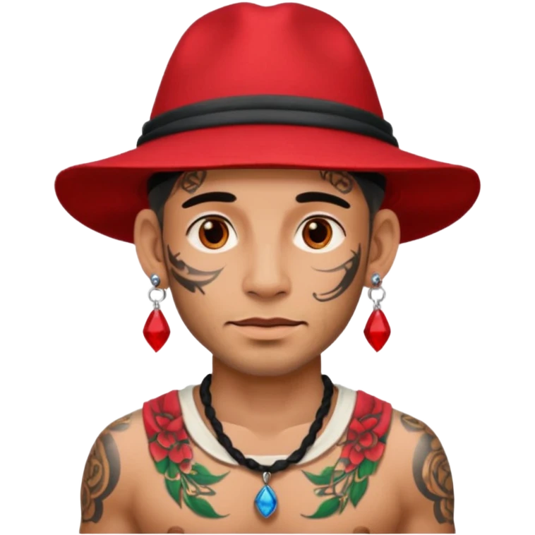 unique looking tourist with big unique red tourist hat and earrings, man with lots of tattoes emoji