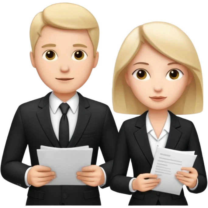white man in formal suit talking to white woman in formal suit, they sit, papers in hands emoji