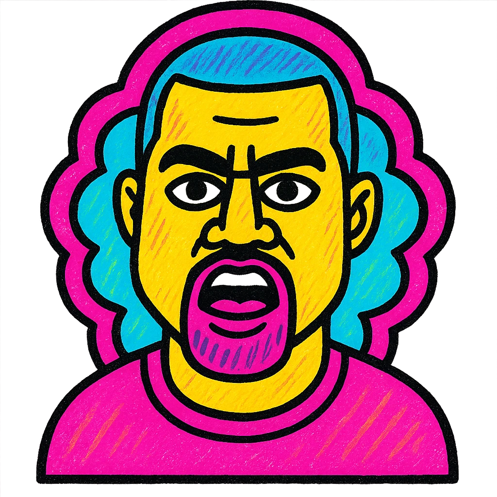 pop art style portrait of Kanye West with colorful background and expressive face emoji