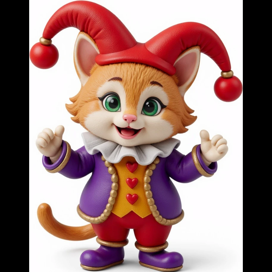 crazy colorful cute little cat jolly joker from poker, medieval, vintage, court jester, mac os icon, purple, gold and red color, half body. Squared shape as 3D mac os icon emoji