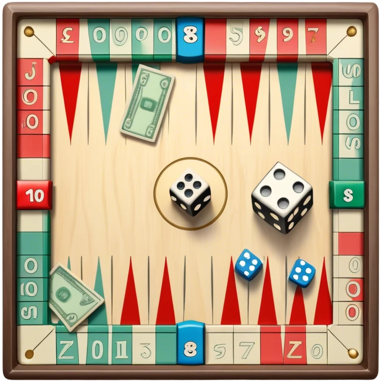 A photorealistic icon featuring a backgammon board with dice, a Monopoly board with money and property cards and a Game of Life spinner. The design captures the detailed textures of the boards, pieces, and accessories. Transparent background. emoji