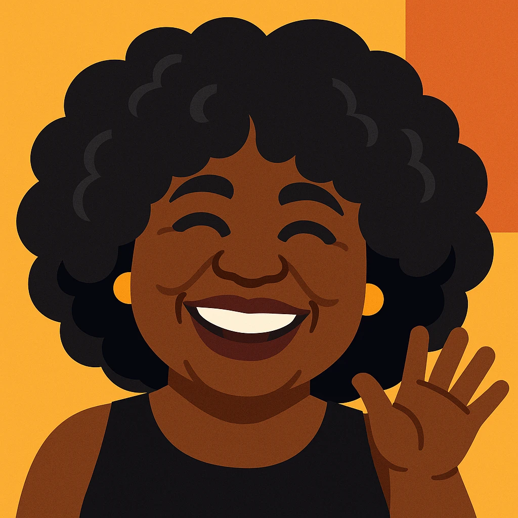 Create another emoji of this lady in a 1970s disco theme, using a color palette of black, silver, gold, and white. Show her waving, in a 70s disco dress and accessories, with joyful expression, in a vibrant toon style. emoji