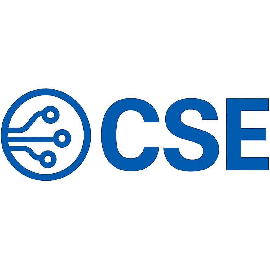 modern CSE logo, bold sans-serif letters, simple tech icon, blue and white emoji