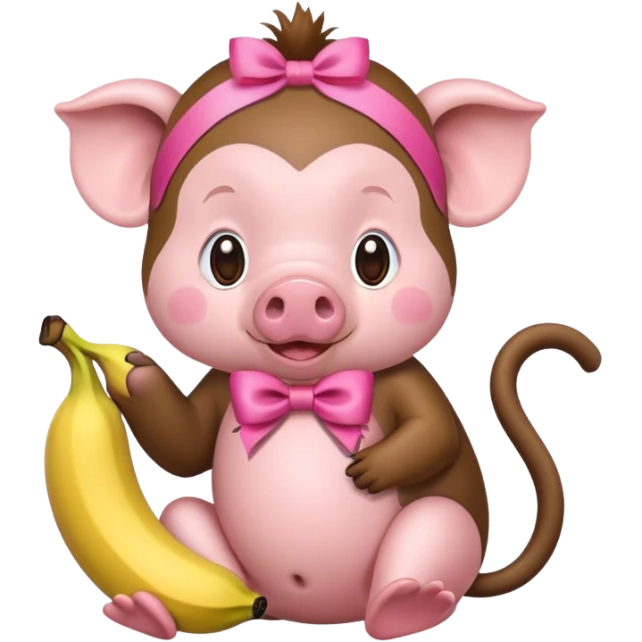a pig with a pink ribbon on its head and a monkey eating a banana emoji