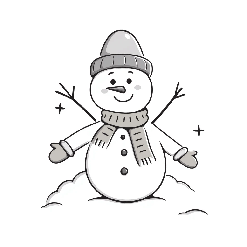 A cute snowman with scarf and winter accessories in pastel colors (dd9fb0, ffc6d3, a3bfc9, c4bee2, f1b091), hand-drawn doodle style emoji
