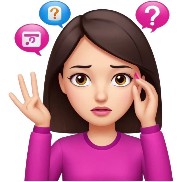 Social media manager. She has dark brown hair, brown eyes, , confused expression, raised eyebrows, questioning face, one hand on the head as if not understanding analytics.. Use vibrant colors with a focus on pink and fuchsia tone emoji