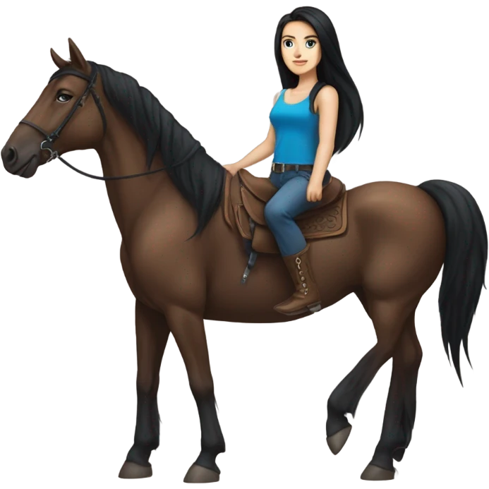 very pretty brunette with blue eyes and long black straight wearing shorts and a thigh tattoo hair riding big brown horse  emoji