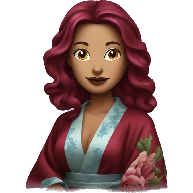 Beautiful tattooed burgundy long haired woman in silk robe emoji