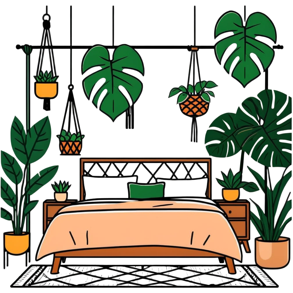 modern bohemian bedroom with monstera plants, hanging planters, macrame wall art, and wooden furniture emoji