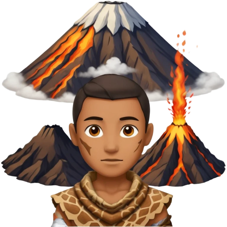 a avatar wearing ancient animal skin cloth with volcano behind, half body, icon emoji