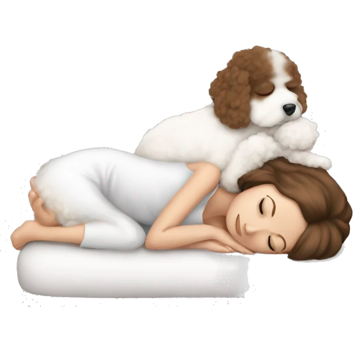White girl brown hair sleeping with Mini Bichon emoji