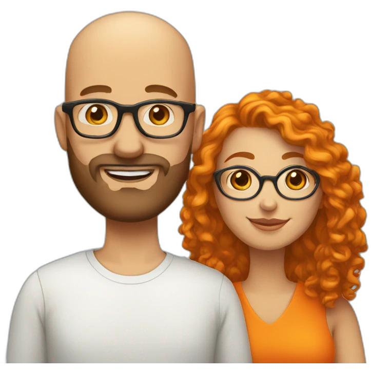 Bald man with beard and optical glasses and his wife with orange short curly and orange hair emoji