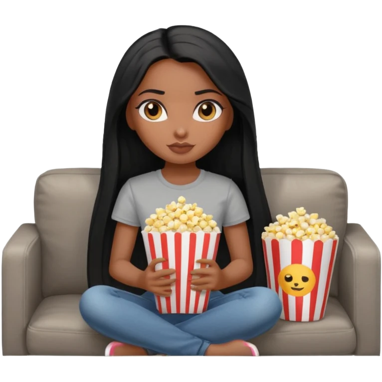 a pretty bratz dusky girl with long straight hair on a couch with popcorn nd wearing a grey tshirt emoji