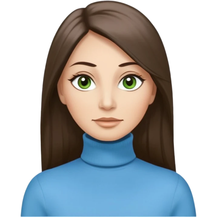 43 year old Adult woman avatar, light skin tone, long, oval face, long straight ashy brown hair, green almond-shaped eyes with dramatic eyelashes and minimal eyeliner, neutral mouth, medium straight eyebrows, average nose, smooth skin,  sky blue turtle neck  emoji