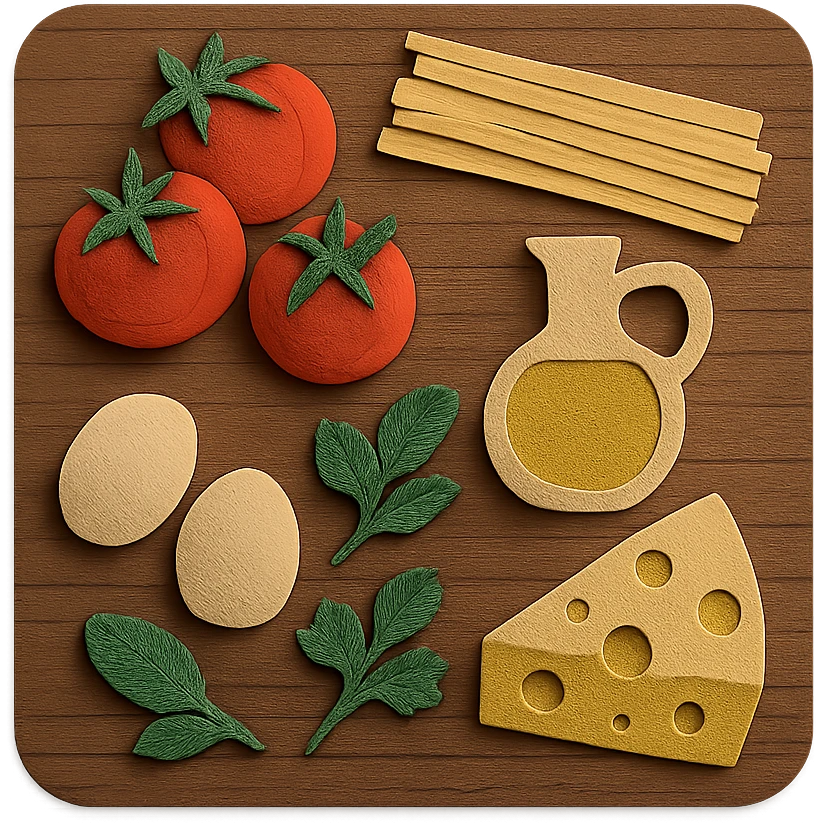 A realistic top-down view of a wooden kitchen table with various common ingredients neatly arranged (like tomatoes, pasta, eggs, cheese, herbs, olive oil). The background should be dark and soft to match a modern app interface. Lighting should highlight the ingredients naturally, with soft shadows. No text, no hands, minimalistic but warm and homely, like a mobile UI background for a cooking app. emoji